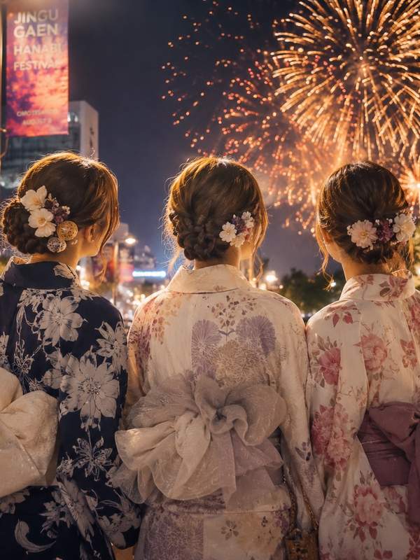 浴衣姿で花火を楽しむ女性